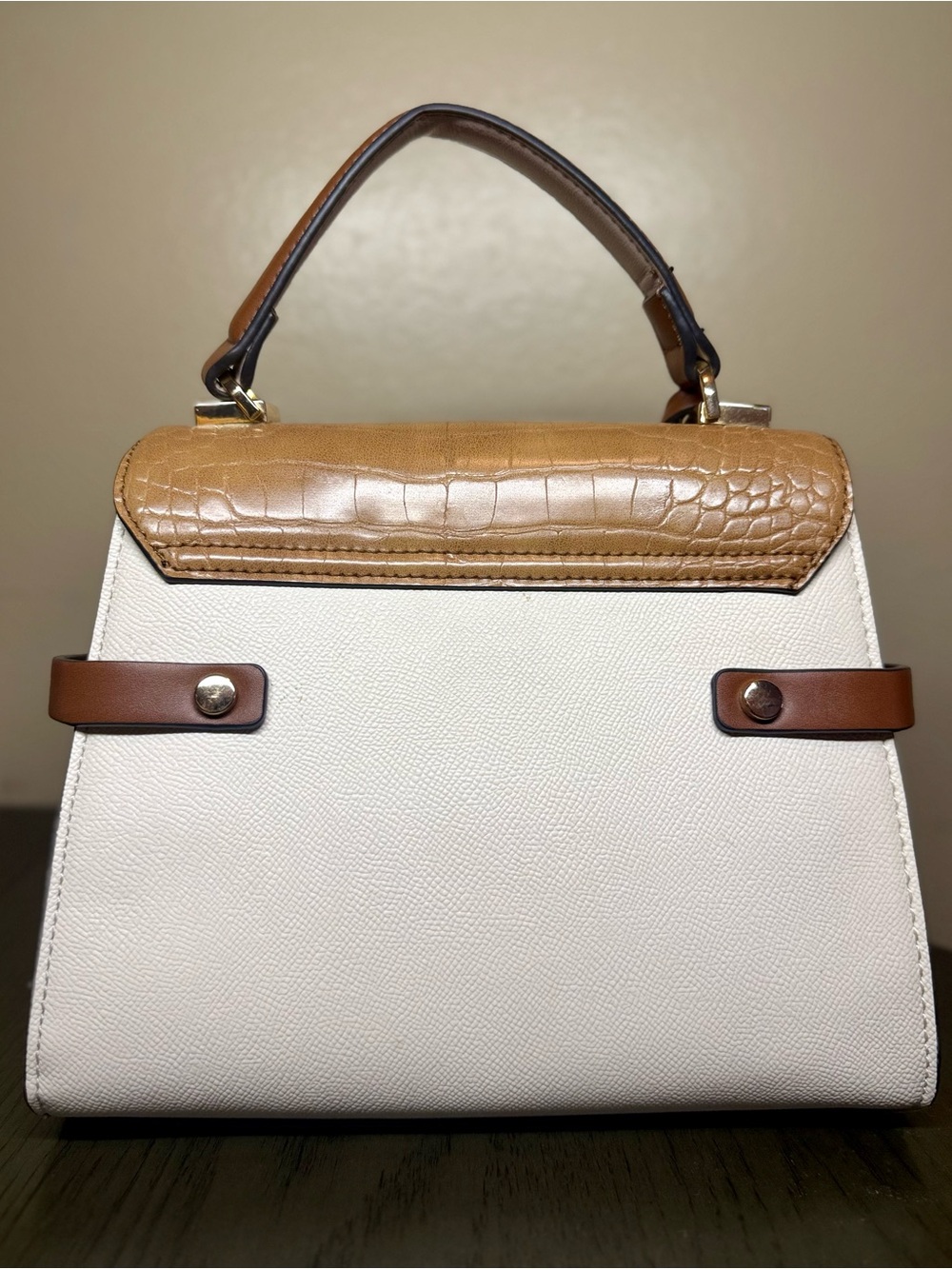 ALDO Colorblock Croc-Embossed Satchel Bag – Tan/Cream with Gold Hardware - Picture 5 of 9